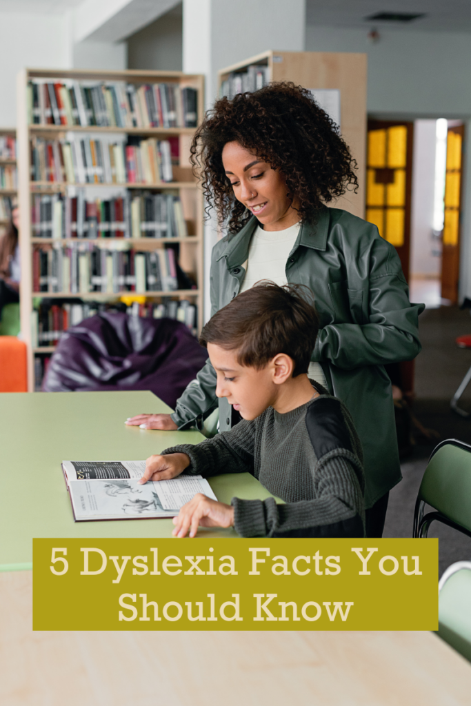 a person and a child are looking at a book in a library with text that says: "5 Dyslexia Facts You Should Know."