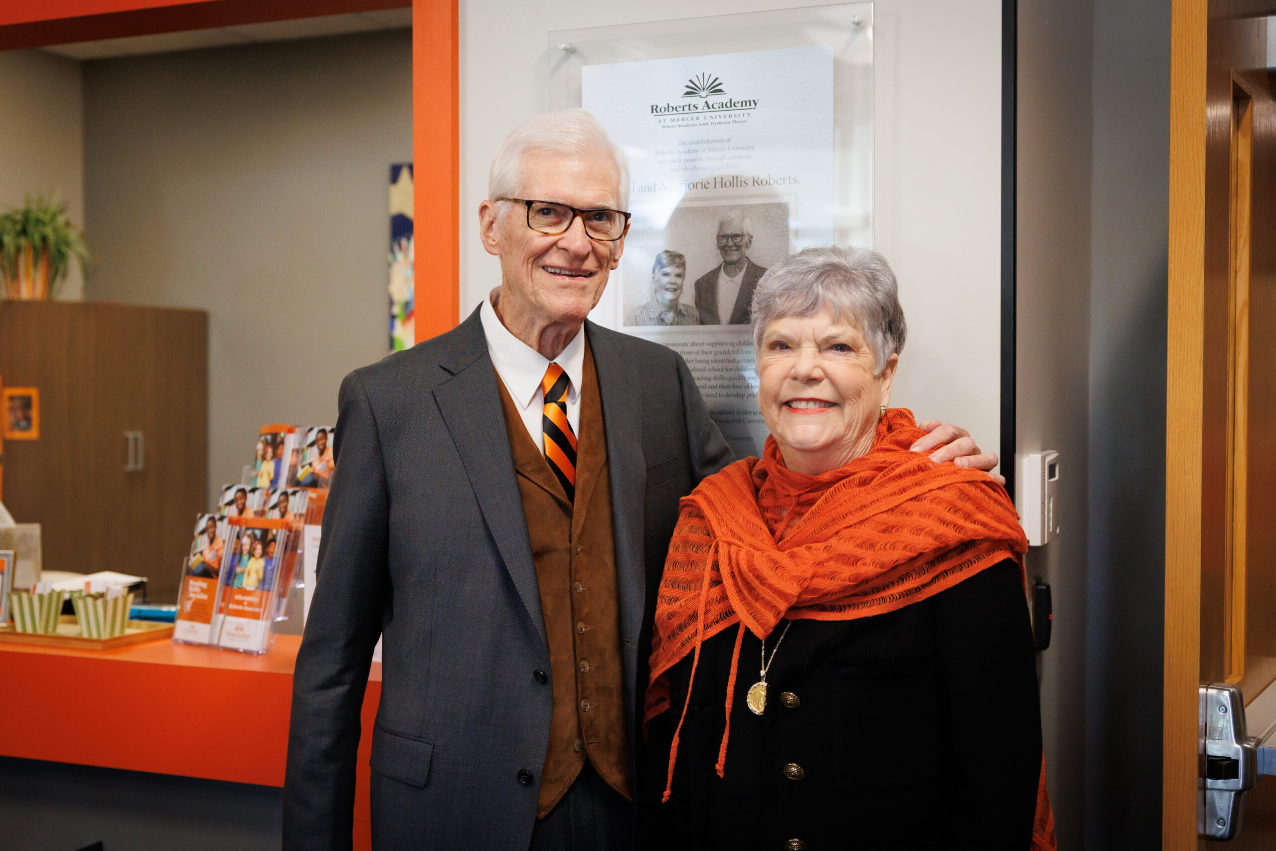 Hal and Marjorie Roberts pose together before the dedication of Roberts Academy at Mercer University