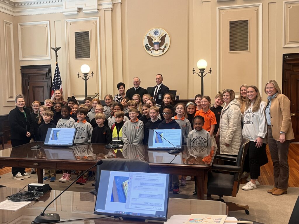 Roberts Academy students pose for a photo at the Middle District of Georgia Courthouse in Macon, Georgia