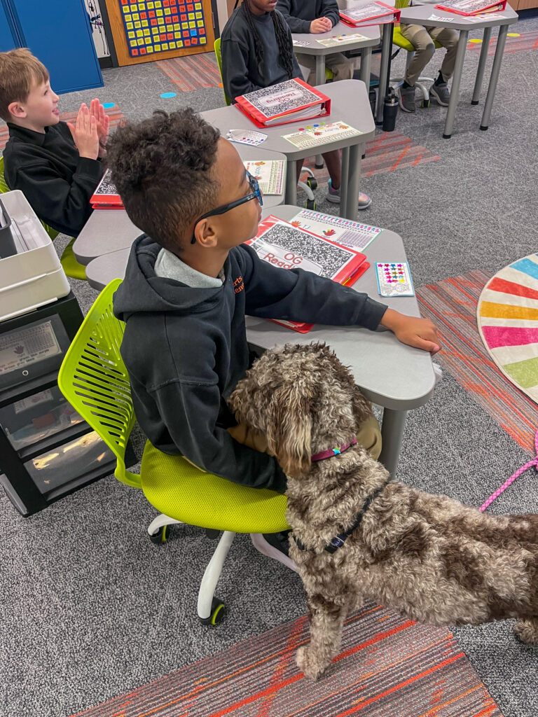 TJ, a Roberts Academy student, spends time with Sammie, a brown and gray therapy dog at Roberts Academy