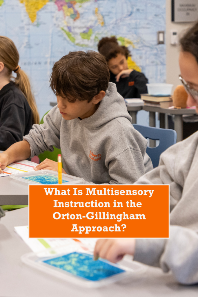 A student at Roberts Academy engages in multisensory instruction using a sand tray during an Orton-Gillingham lesson. He is focused on tracing letters, a hands-on strategy that supports reading for students with dyslexia. Other students are also participating in similar activities in a bright, colorful classroom with a world map on the wall. Text overlay reads: “What Is Multisensory Instruction in the Orton-Gillingham Approach?”