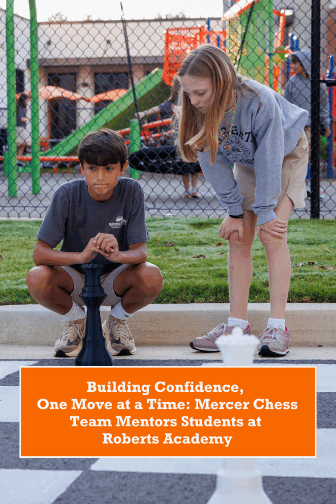 Roberts Academy students playing outdoor chess with mentorship from Mercer University Chess Team, building confidence and problem-solving skills through the game.